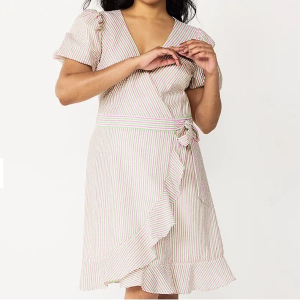 DRAPER JAMES Puff Sleeve Wrap Pink Green Stripe Preppy Dress Size Large